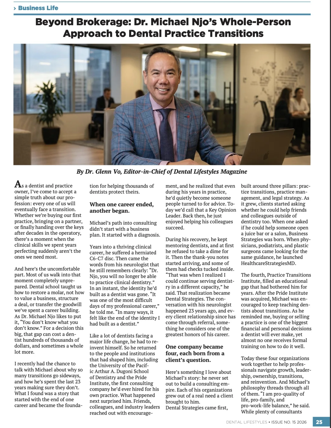 Dental Lifestyles Magazine feature 'Beyond Brokerage: Dr. Michael Njo's Whole-Person Approach to Dental Practice Transitions' by Dr. Glenn Vo