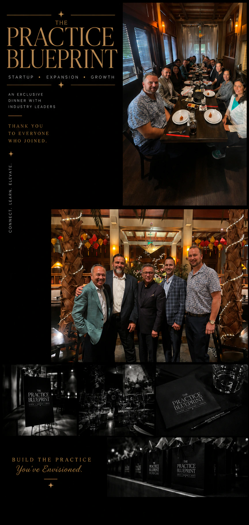 The Practice Blueprint recap collage from the August 2026 Roseville dinner, including a dinner-table group photo and a five-person portrait